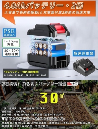 新品未使用未開封品です❣️ 耕運機 家庭用 充電式 (耕幅25.5cm/耕深22cm)2個バッテリー