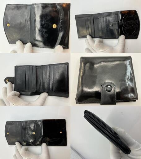 シャネル エナメル ２つ折りコンパクト財布 ブラック 11.5×10cm シール有 送料無料