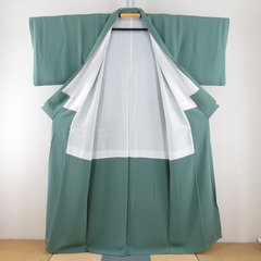 色無地 袷 緑色 一つ紋 蔦紋 正絹 広衿 仕立て上がり着物 身丈157cm 【キモノオフ野々市若松店】の画像