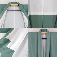 色無地 袷 緑色 一つ紋 蔦紋 正絹 広衿 仕立て上がり着物 身丈157cm 【キモノオフ野々市若松店】の画像