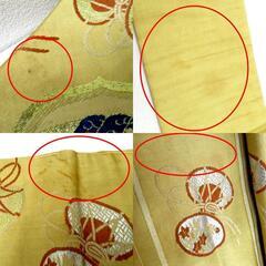 名古屋帯 アンティーク帯 昔名古屋帯 薄黄 金銀 ピンク 緑 茶 鏡裏 雅楽器 昔帯 九寸帯 レトロモダン 明治・大正ロマン 汚れあり 長さ344cm 【キモノオフ野々市若松店】の画像