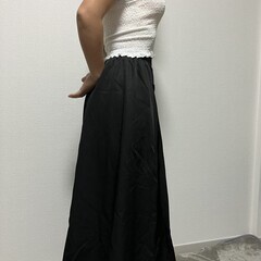 エクリール シャーリングトップス F（バスト25〜45cm）＆黒ロングスカート M（ウエスト31〜45cm）セット 着画あり タグ付き未使用 裏地付き 厚手素材 送料無料 フェミニン フリル フォロー割5%の画像