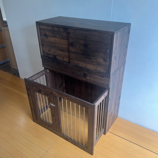 未使用 展示品 上置き付きセット ヴィンテージ 西海岸 ペットケージ ブラウン スライド式 ロック式 引き出し キャビネット チェスト 幅90 ペットサークル 中型犬