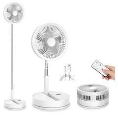 ポータブル折りたたみ式充電式首振り扇風機 ホワイト、7200mA...