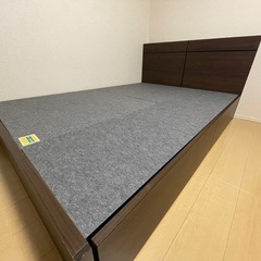収納付きベッドフレーム　ダブルベッド　ダークブラウン
