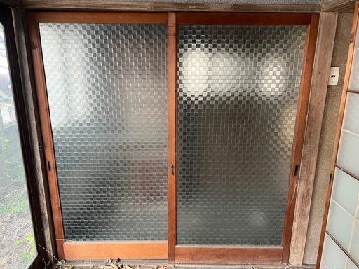 【GO-1080】ガラス戸 引戸 建具 格子模様 4枚 昭和レトロ アンティーク