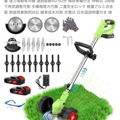 新品未使用未開封品です‼️ 強力電動草刈機 連続駆動40-50分 補助車輪付き 伸縮式 3段階で角度調整可能 多種類替刃付属 二重安全ロック 軽量アルミ合金製 家庭用業務用対応 雑草低木刈取 充電式 日本語説明書付き 緑草刈機 の画像