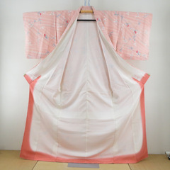 小紋 袷 サーモンピンクｘ灰色 南天模様 正絹 広衿 仕立て上がり着物 身丈168cm 【キモノオフ野々市若松店】の画像