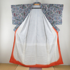 小紋 袷 竹模様 紺色ｘ白色ｘ多色 正絹 バチ衿 仕立て上がり着物 身丈156cm 【キモノオフ野々市若松店】の画像