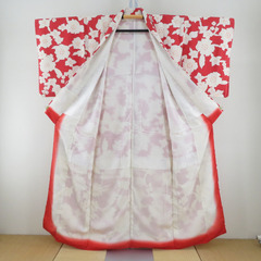 小紋 袷 花々模様 赤色ｘ白色 正絹 広衿 仕立て上がり着物 身丈156cm 【キモノオフ野々市若松店】の画像