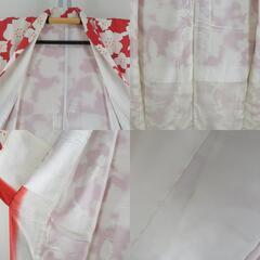小紋 袷 花々模様 赤色ｘ白色 正絹 広衿 仕立て上がり着物 身丈156cm 【キモノオフ野々市若松店】の画像