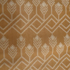 半幅帯 ポリエステル100% ベージュイエローｘ薄茶色 華紋ｘ矢羽根模様 浴衣帯 小袋帯 半巾帯 細帯 日本製 仕立て上がり 長さ400cm 新品 【キモノオフ野々市若松店】の画像