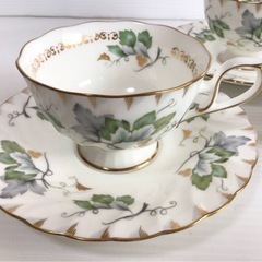 Y956 HOYA/ホヤ GREEN LEAF/グリーンリーフ カップ＆ソーサー 3客 金彩 コーヒー/ティーカップ 現状品の画像