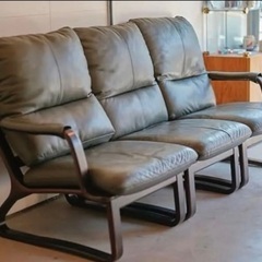 富士ファニチャ本革 3人掛け セパレート ソファ グリーン