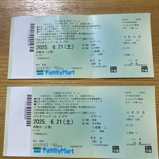 6月21日北海道日本ハム戦内野ペアチケット