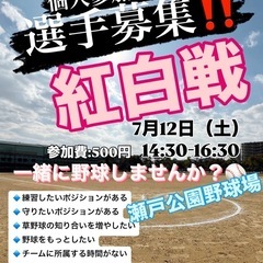 [個人参加野球]7月12日（土）14:30-16:30 瀬戸公園野球場