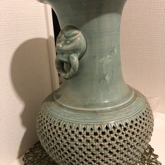 獅子装飾 青緑色 陶器花瓶　特大
