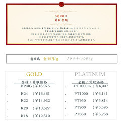大黒屋仙台パルコ店 6/20　本日の貴金属の買取金額