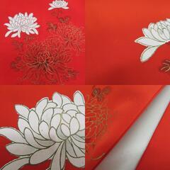 名古屋帯 正絹 塩瀬 赤地 赤色ｘ白色ｘ金色 金糸 刺繍入り 菊模様 お太鼓柄 仕立て上がり 着物帯 長さ340cm 【キモノオフ野々市若松店】の画像