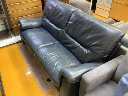 【リサイクルサービス八光】幅193㎝　革製　ブラックソファ　3人掛け