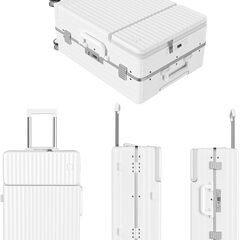 【新品】スーツケース 多機能フロントオープン ストッパー付 ホワイト Lサイズ /97Lの画像