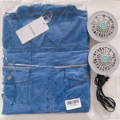 空調作業服  2枚セットXL 2XL 長袖 薄手 吸汗速干 低騒音 超軽量 紫外線 ブルー ファン付き空調服 UVカット 3段階風量 の画像