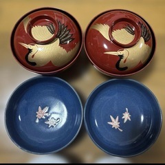 陶器　漆器　食器　吸物椀　汁碗　茶碗蒸し　和食　蓋付き小鉢　銘々皿　セット まとめ売り　鶴　花の画像
