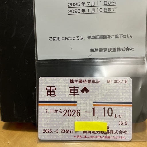 南海電鉄株主優待　定期券
