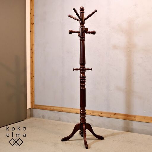 アメリカンカントリースタイルの木製コートハンガーです。クラシックでエレガントなデザインのポールハンガー。コートやジャケットだけでなく、バッグや帽子などの小物を掛けるにも◎♪