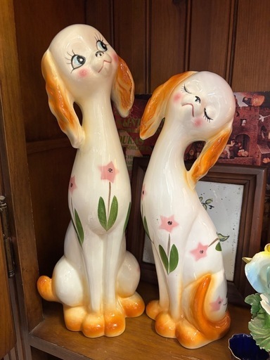 レトロ耳の長いワンちゃんペア 陶器 高さ約38㎝