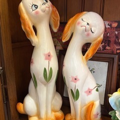 レトロ耳の長いワンちゃんペア 陶器 高さ約38㎝