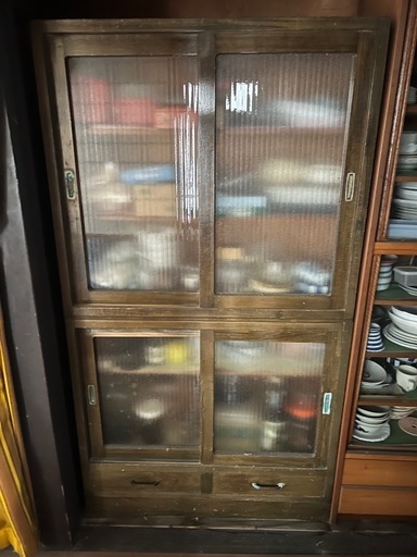 【GO-1110】水屋 食器棚 キャビネット ガラス戸 昭和レトロ アンティーク