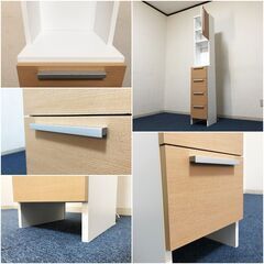 カントリー調ランドリーチェスト　隙間家具　可動式棚板・100Vコンセント1500W・引出し4杯付き　洗面所収納　サニタリーチェスト完成品の画像