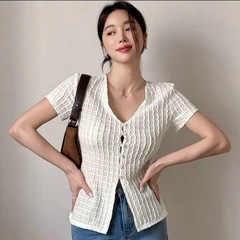 SHEIN 
レディース Vネック透かし柄トップス M  