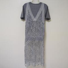 【中古】Mサイズ レディース グレー 半袖Tシャツ レースキャミワンピース 2点セットの画像