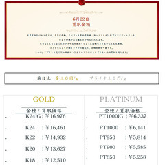 大黒屋仙台パルコ店 6/22　本日の貴金属の買取金額 