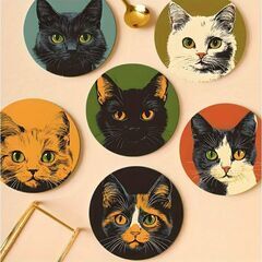 未使用　24枚 (6枚入り×4セット)　木製コースター　猫柄　ボタニカル　ゴッホ　海辺の画像