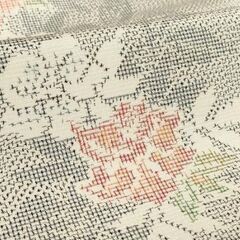紬　袷　草花文　正絹　花普段着　練習　お稽古　グレー　白　の画像