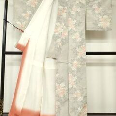 紬　袷　草花文　正絹　花普段着　練習　お稽古　グレー　白　の画像