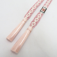 帯締め 夏用 絹100% 帯〆 レース帯締め 青みピンク×白色 正絹 平組 Mサイズ 長さ164.5cm 新品 【キモノオフ野々市若松店】の画像
