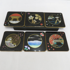骨董・民芸品 山中漆器 コースター 漆器 黒  蒔絵  箱有 ６...