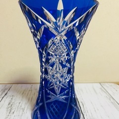 青色 カットガラス 花瓶 インテリア