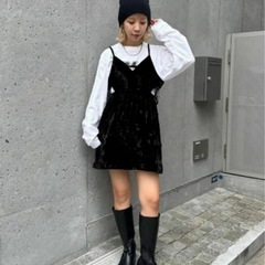 サイドカットアウトベロアチュニックキャミワンピ ブラック