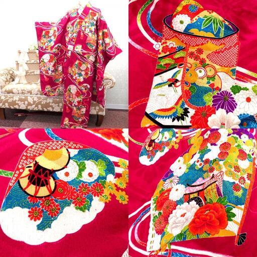 子供着物 アンティーク 昔 ローズピンク 多色 檜扇 貝桶 丸に花 女児用