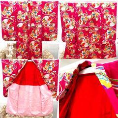 子供着物 アンティーク 昔 ローズピンク 多色 檜扇 貝桶 丸に花 女児用