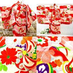 子供着物 アンティーク 昔 多色 マルチカラー 横段 花 玩具 女児用 一つ身  レトロ きもの 難有 難あり 【キモノオフ野々市若松店】の画像