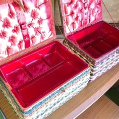昭和レトロ　編み籠風裁縫箱2点セット　の画像