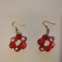 万博風　目玉ピアス　レッド　レジン　ハンドメイド