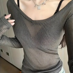 リブ編みVネック長袖トップス M