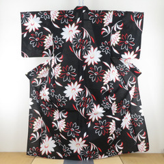 浴衣 女性ゆかた 黒色ｘ赤色ｘ白色 花模様 綿 夏物 レディース...